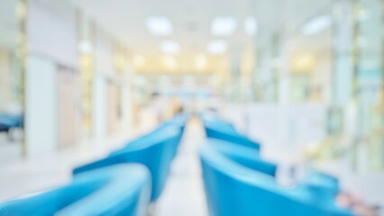 Blur abstract background of corridor in clean hospital. Blurred view of aisle in office with light floor. Blurry lobby and waiting area in hotel.