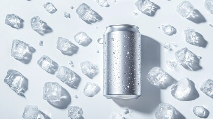 Cold drink can, ice cubes, white background, refreshing beverage, advertisement