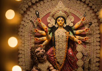 Divine Goddess Durga Statue with Glowing Background, Perfect for Durga Puja and Spiritual Festivities