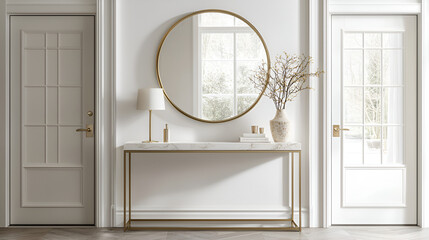 Elegant foyer showcasing a marble-topped console table with gold accents, complemented by a round mirror and tasteful decor.