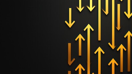 financial benefits savings performance concept. Golden arrows on a black background symbolize growth and progress.