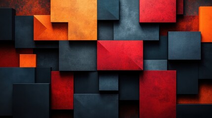 Abstract geometric pattern with red and orange 3d blocks on textured background.