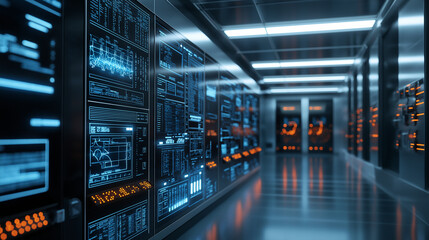 Obraz premium A fully automated generator testing facility, where real-time diagnostics are displayed on massive digital control panels, ensuring peak performance.