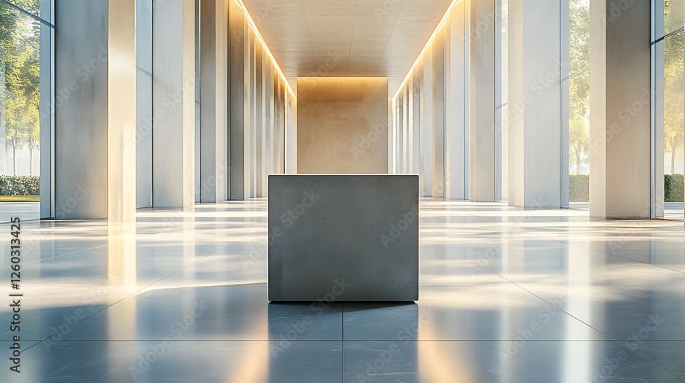 Poster long hallway featuring a large metal object and a simple rectangular block in bright lighting