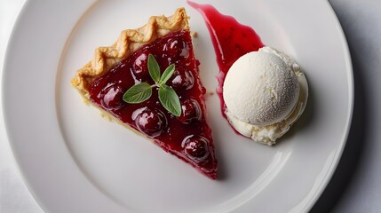 Slice of Cherry Pie with Vanilla Ice Cream on a Plate, Sweet Dessert
