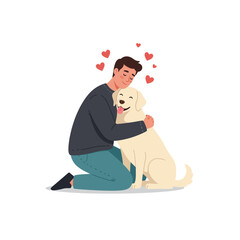 Man Hugging Happy Dog with Hearts Illustration of Friendship
