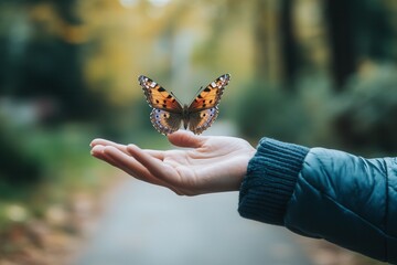 Vibrant butterfly gracefully lands on outstretched hand in serene forest setting.