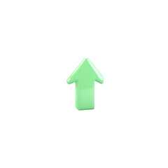3D rendering of a shiny green arrow icon pointing up on a white background.
