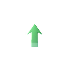 3D rendering of a shiny green arrow icon pointing up on a white background.
