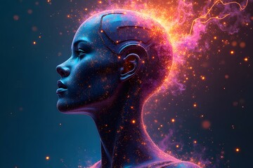 A digital-style graffiti of a humanoid AI dissolving into electric colors.
