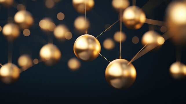 financial benefits savings performance concept. Golden spheres hanging in a dark background with a soft glow.