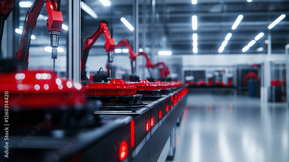 Poster a modern 3d printing facility, where a row of red industrial parts emerges layer by layer from advan