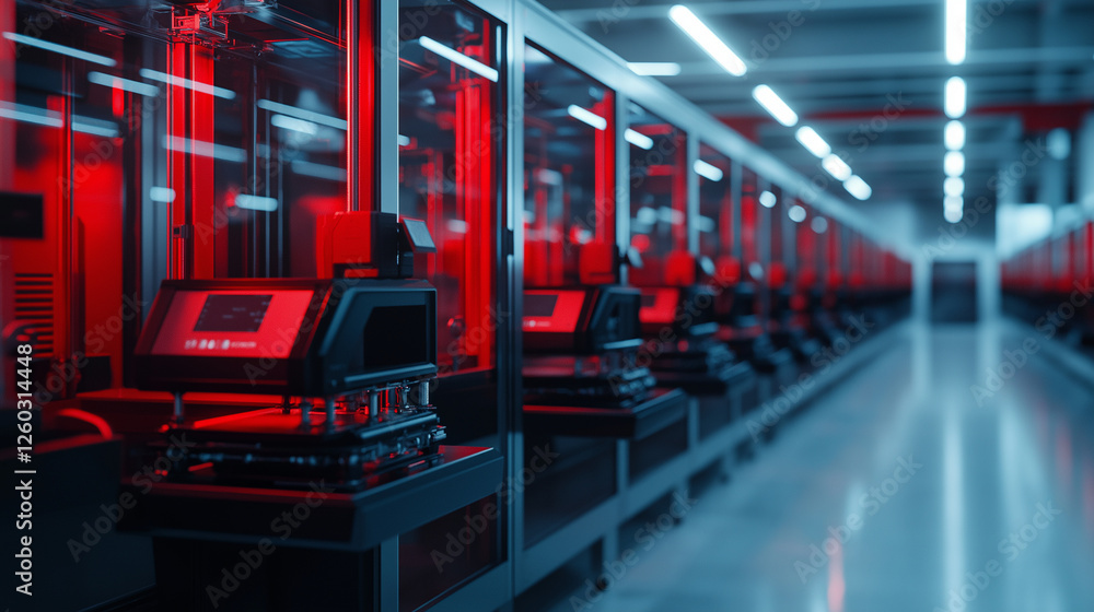 Aufkleber a modern 3d printing facility, where a row of red industrial parts emerges layer by layer from advan