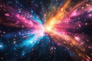 Obraz premium Abstract ethereal light bursts in vibrant hues. Set against a dark, starry background. Emphasizing cosmic illumination and beauty. Ideal for fantasy and sci-fi art.