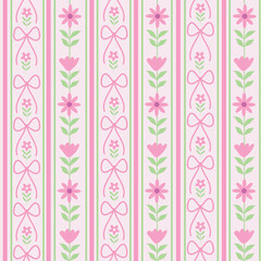 Coquette pink bows with retro flowers in vertical stripes seamless pattern in grand millennial...