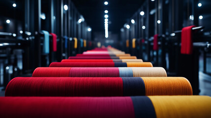 A vast textile factory filled with rows of high-tech weaving machines, spools of vibrant red, blue, and yellow threads feeding into the looms as workers oversee the production proc