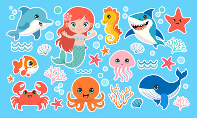 A collection of sea creatures including a mermaid, octopus, and shark. The mermaid is smiling and waving, while the shark has its mouth wide open. The scene is bright and colorful