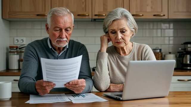 Senior couple, laptop and documents in kitchen for home finance, retirement and financial concern. Elderly people, paperwork and computer for bills, budget and money problem