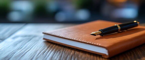 Leather notebook & fountain pen on wood desk, blurred background. Office work