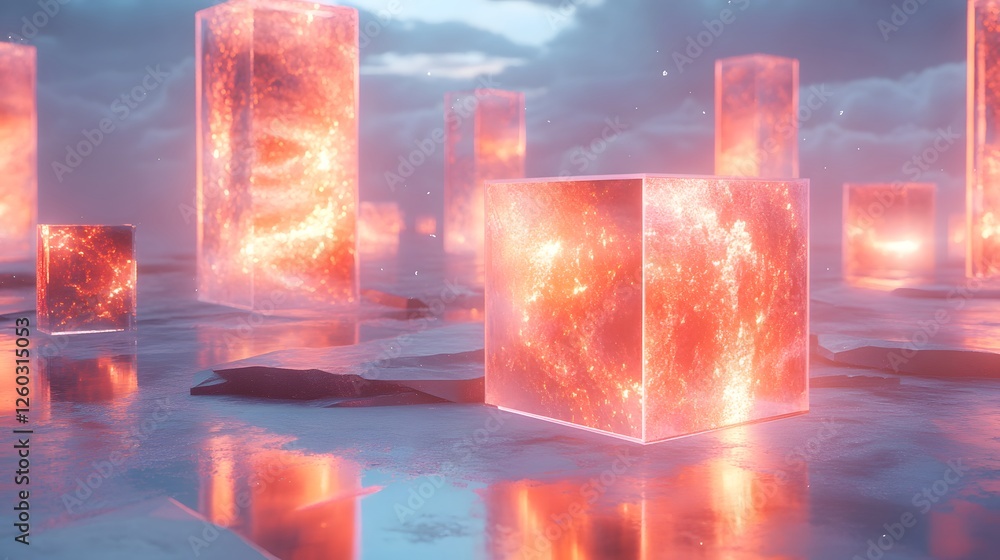 Poster group of acrylic cubes with glowing lights displayed in a gallery setting under modern lighting