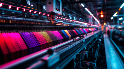 A smart textile factory, illuminated by bright LED panels, featuring automated weaving machines feeding boldly colored threads into high-speed looms.