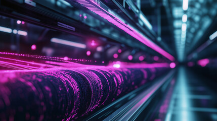 A futuristic textile factory, where glowing neon threads weave seamlessly through robotic looms, producing ultra-modern, color-shifting fabrics.