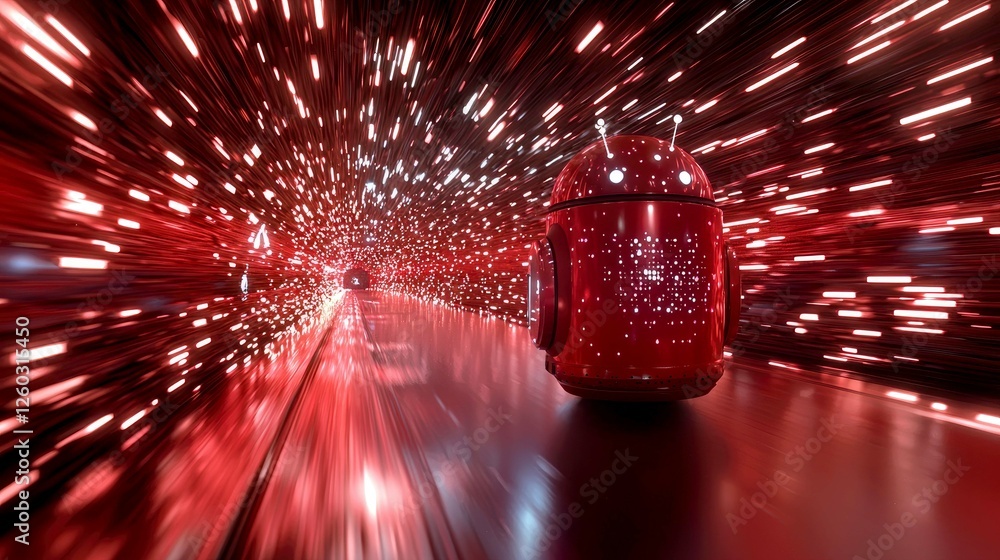 Poster red android robot in a speed tunnel: a futuristic vision of digital technology and innovation