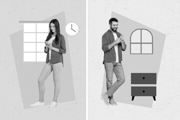 Creative abstract collage image of two positive people use telephone chatting isolated on drawing...