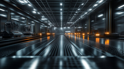 Fototapeta premium A high-tech metalworking facility with advanced CNC machines carving intricate shapes into metal, overhead lights casting a warm glow on shiny metal surfaces.
