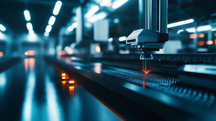 The interior of a futuristic metalworking enterprise, where 3D printers work side by side with traditional machines, printing metal parts in an innovative manufacturing process.