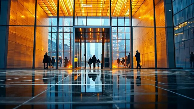 City business people enter modern building lobby at night