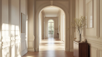 Fototapeta premium Elegant hallway with natural light. Wood floors lead to arched doorway, connecting spaces in a refined, neutral color palette.