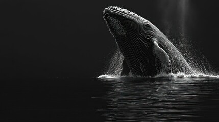 Fototapeta premium Majestic whale breaches dark ocean, water splashes.