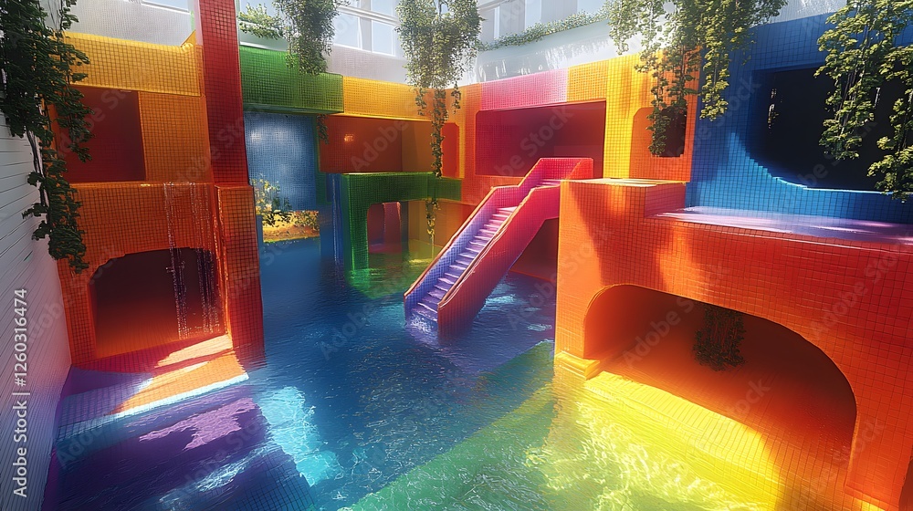 Poster colorful swimming pool with a water slide and voxel playground filled with vibrant elements and deco