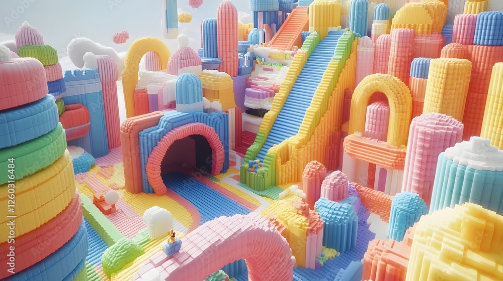 Poster colorful cityscape made of building blocks in a vibrant voxel playground environment for creative pl