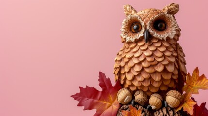Obraz premium A detailed wooden owl with intricate carvings, surrounded by vibrant autumn leaves and acorns on a soft pink background. A warm and festive seasonal image. AI generated.