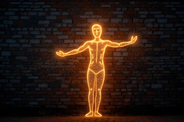 A celestial being made of stardust and graffiti lines, glowing on a brick wall.