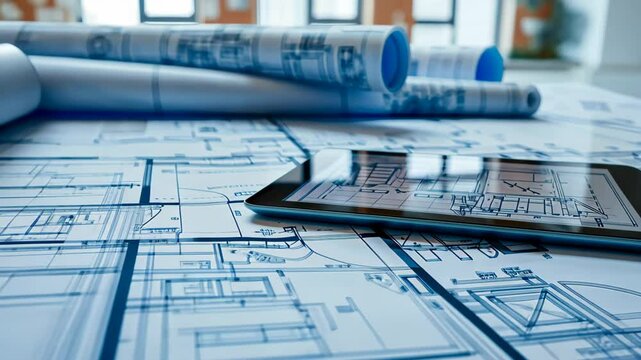 An electronic tablet rests on detailed blueprints showing architectural designs, with rolled-up plans in the background at a construction site in daylight.