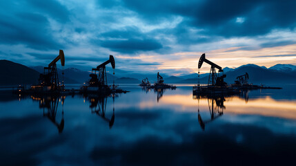 Naklejka premium A panoramic aerial view of an oil extraction site, with multiple oil pumps and storage tanks, their reflections creating an abstract, mirror-like effect in the surrounding water.