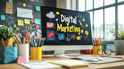 A computer screen displays 'digital marketing' surrounded by colorful icons, symbolizing creativity and strategy.
