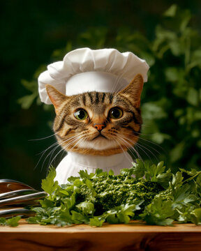 Naklejki A playful cat dressed as a chef with fresh herbs.