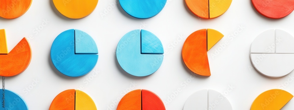 Poster diverse pie chart arrangements, colorful segments on a clean white background, visually representing