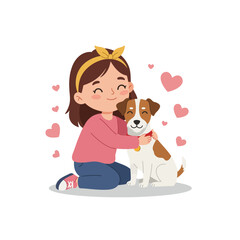 Girl Hugging Her Dog with Hearts Floating Around, Illustration Art