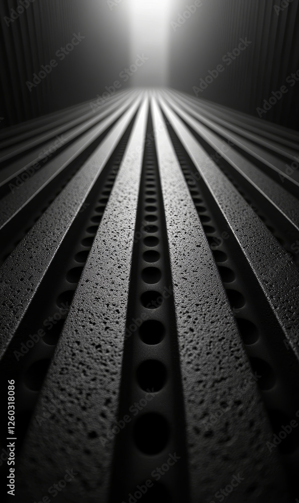 Poster dark textured surface with light at end, creating depth