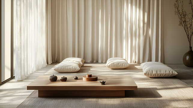Zen interior with floor cushions, a low table set with tea implements, and sheer curtains filtering sunlight.