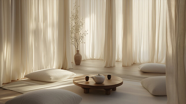 Peaceful tea setting with soft textures, flowing curtains, and gentle lighting invites relaxation and mindful tea drinking.