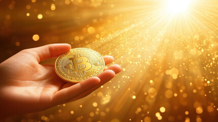 Hand holding a golden Bitcoin coin, illuminated by the radiant golden light rays