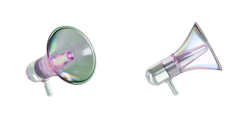 Megaphone glass morphism 3D Render Illustration on Transparent and white background
