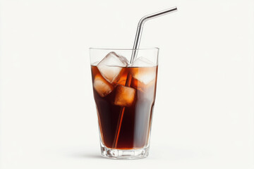 Refreshing glass of iced coffee with ice cubes and straw on a neutral background. isolated on white background.