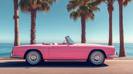 Vintage pink convertible parked by palm trees and ocean.